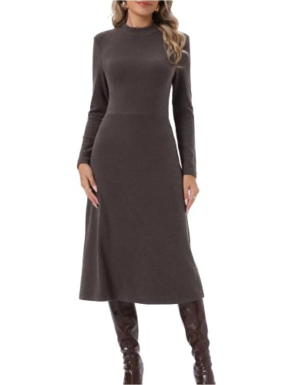 Ribbed Knit Midi Dress Women Mock Neck Long Sleeve Casual Sweater Dress Fall